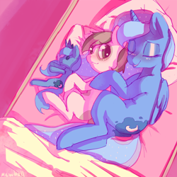 Size: 750x750 | Tagged: safe, artist:mewball, character:pipsqueak, character:princess luna, ship:lunapip, bed, cuddling, cute, female, male, plot, plushie, shipping, sleeping, snuggling, straight