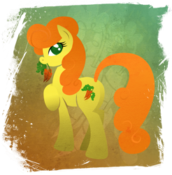 Size: 901x916 | Tagged: safe, artist:rariedash, character:carrot top, character:golden harvest, species:earth pony, species:pony, g4, carrot, cutie mark, cutie mark background, female, goldenbutt, hooves, lineless, mare, mouth hold, plot, solo