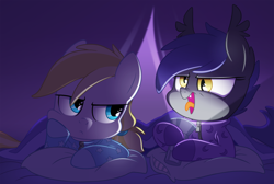 Size: 2000x1340 | Tagged: safe, artist:equestria-prevails, oc, oc only, oc:cloud skipper, oc:midnight blossom, species:bat pony, species:pony, clothing, cloudblossom, colt, cute, dark, derp, female, filly, flashlight (object), footed sleeper, male, nose wrinkle, pajamas, sleepover, tent, younger, zipper