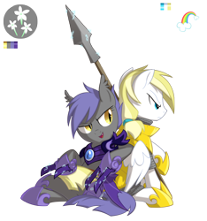 Size: 3000x3200 | Tagged: safe, artist:equestria-prevails, oc, oc only, oc:cloud skipper, oc:midnight blossom, species:bat pony, species:pony, armor, cloudblossom, cute, cute little fangs, duo, female, male, night guard, simple background, solar guard, spear, straight, transparent background