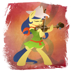 Size: 901x916 | Tagged: safe, artist:rariedash, character:fiddlesticks, species:earth pony, species:pony, apple family member, bipedal, clothing, cowboy hat, cutie mark background, eyes closed, female, hat, hooves, lineless, mare, smiling, solo, violin