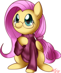 Size: 680x815 | Tagged: safe, artist:solar-slash, character:fluttershy, species:pegasus, species:pony, adorkable, clothing, cute, dork, female, glasses, mare, ponytail, shyabetes, sitting, solo, sweater, sweatershy