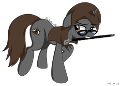 Size: 757x537 | Tagged: safe, artist:puetsua, oc, oc only, oc:sonata, species:pony, species:unicorn, glasses, mouth hold, solo, sweat, sweatdrop, turnabout storm