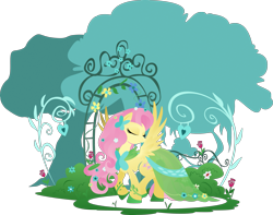 Size: 2889x2276 | Tagged: safe, artist:rariedash, character:fluttershy, species:pegasus, species:pony, butterfly, clothing, cutie mark, dress, eyes closed, female, flower, gala dress, hooves, lineless, mare, rose, solo, spread wings, wings