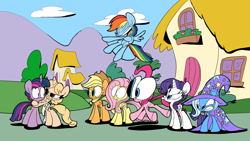 Size: 4800x2700 | Tagged: safe, artist:joeywaggoner, character:applejack, character:fluttershy, character:pinkie pie, character:rainbow dash, character:rarity, character:trixie, character:twilight sparkle, character:twilight sparkle (unicorn), oc, oc:dusk shine, oc:taralicious, species:earth pony, species:pegasus, species:pony, species:unicorn, applejack's hat, cape, clothing, commission, cowboy hat, dusk shine gets all the mares, female, flying, half r63 shipping, hat, jealous, male, mane six, mare, pinkie being pinkie, ponified, rule 63, shipping, stallion, straight, tara strong, tarashine, the unexpected love life of dusk shine, trixie's cape, trixie's hat, wild take