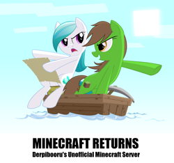 Size: 1280x1200 | Tagged: safe, artist:equestria-prevails, oc, oc only, oc:brilliance, oc:grass block, species:crystal pony, species:earth pony, species:pony, argument, boat, crystal pony oc, map, meta, minecraft, pickaxe, pointing, sailing, server, water