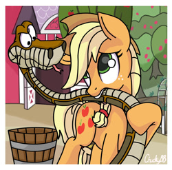 Size: 900x888 | Tagged: dead source, safe, artist:mistydash, character:applejack, animal, biting, kaa, mouth hold, snake