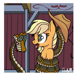 Size: 1024x1007 | Tagged: dead source, safe, artist:mistydash, character:applejack, coils, imminent vore, kaa, kaa eyes, mind control, peril, snake