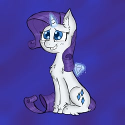 Size: 800x800 | Tagged: safe, artist:ichibangravity, character:rarity, species:pony, species:unicorn, abstract background, chest fluff, colored pupils, diamond, female, fluffy, grin, hiding, levitation, magic, mare, nervous, nervous grin, sitting, smiling, solo, telekinesis, unshorn fetlocks