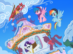 Size: 973x720 | Tagged: safe, artist:sorcerushorserus, character:firefly, character:rainbow dash, character:rarity, g1, carousel boutique, clothing, crash, flying, hat, measuring tape, scarf, sled, snow, winter