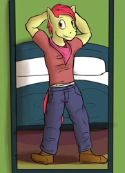 Size: 1280x1769 | Tagged: safe, artist:fuzebox, character:apple bloom, species:anthro, species:plantigrade anthro, applebuck, bed, boots, clothing, explicit source, male, older, pants, pose, rule 63, shirt, solo, standing, teenager