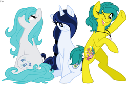 Size: 1095x730 | Tagged: safe, artist:faith-wolff, character:anchors away, species:earth pony, species:pony, species:unicorn, g3, denim blue, female, g3 to g4, generation leap, jewelry, mare, misty blue, necklace, one eye closed, rearing, simple background, sitting, transparent background, trio