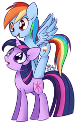 Size: 766x1223 | Tagged: safe, artist:solar-slash, character:rainbow dash, character:twilight sparkle, character:twilight sparkle (unicorn), species:pegasus, species:pony, species:unicorn, ship:twidash, eye shimmer, female, lesbian, looking up, mare, open mouth, shipping, simple background, smiling, spread wings, stack, transparent background, wings