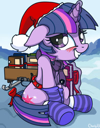 Size: 1943x2480 | Tagged: safe, artist:mistydash, character:twilight sparkle, character:twilight sparkle (unicorn), species:pony, species:unicorn, adorkable, bells, blushing, book, bow, christmas, clothing, cute, dork, female, floppy ears, glowing horn, grin, hat, holiday, horn, magic, mare, present, ribbon, santa hat, scarf, sitting, sled, smiling, socks, solo, striped socks, tail bow, telekinesis, underhoof