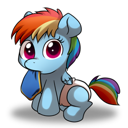 Size: 3500x3500 | Tagged: safe, artist:fj-c, character:rainbow dash, species:pegasus, species:pony, abstract background, baby, baby pony, diaper, female, foal, looking at you, simple background, solo