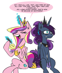 Size: 900x1045 | Tagged: safe, artist:herny, character:princess cadance, character:princess luna, luna-afterdark, dialogue, gossip, nail file, simple background, sitting, speech bubble, the most popular girls in school