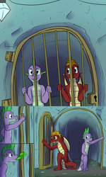 Size: 1280x2133 | Tagged: safe, artist:fuzebox, character:spike, oc, oc:mangle, species:dragon, bars, cave, cell, comic, door, escape, fire, male, older, prison, semi-anthro, spike's journey, teenage spike, teenaged dragon, teenager