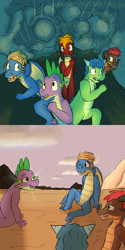 Size: 1280x2560 | Tagged: safe, artist:fuzebox, character:spike, oc, oc:magma, oc:sharp, oc:snort, species:dragon, cave, collapse, comic, happy, male, older, outdoors, relief, running, semi-anthro, sitting, spike's journey, sunrise, teenage spike, teenaged dragon, teenager, tunnel