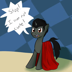 Size: 1280x1280 | Tagged: safe, artist:fuzebox, character:king sombra, species:pony, angry, cape, clothing, colt, cute, dialogue, i'm not cute, irony, male, solo, sombradorable, speech bubble