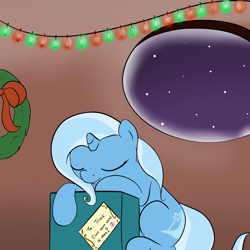 Size: 1000x1000 | Tagged: safe, artist:theparagon, character:trixie, species:pony, species:unicorn, ship:trixieshy, christmas, cute, female, implied shipping, lesbian, mare, present, shipping, sleeping, solo