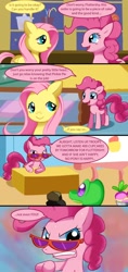 Size: 800x1700 | Tagged: safe, artist:solar-slash, character:fluttershy, character:pinkie pie, c:, comic, cute, eye contact, frown, glare, gritted teeth, looking at each other, open mouth, smiling, sunglasses