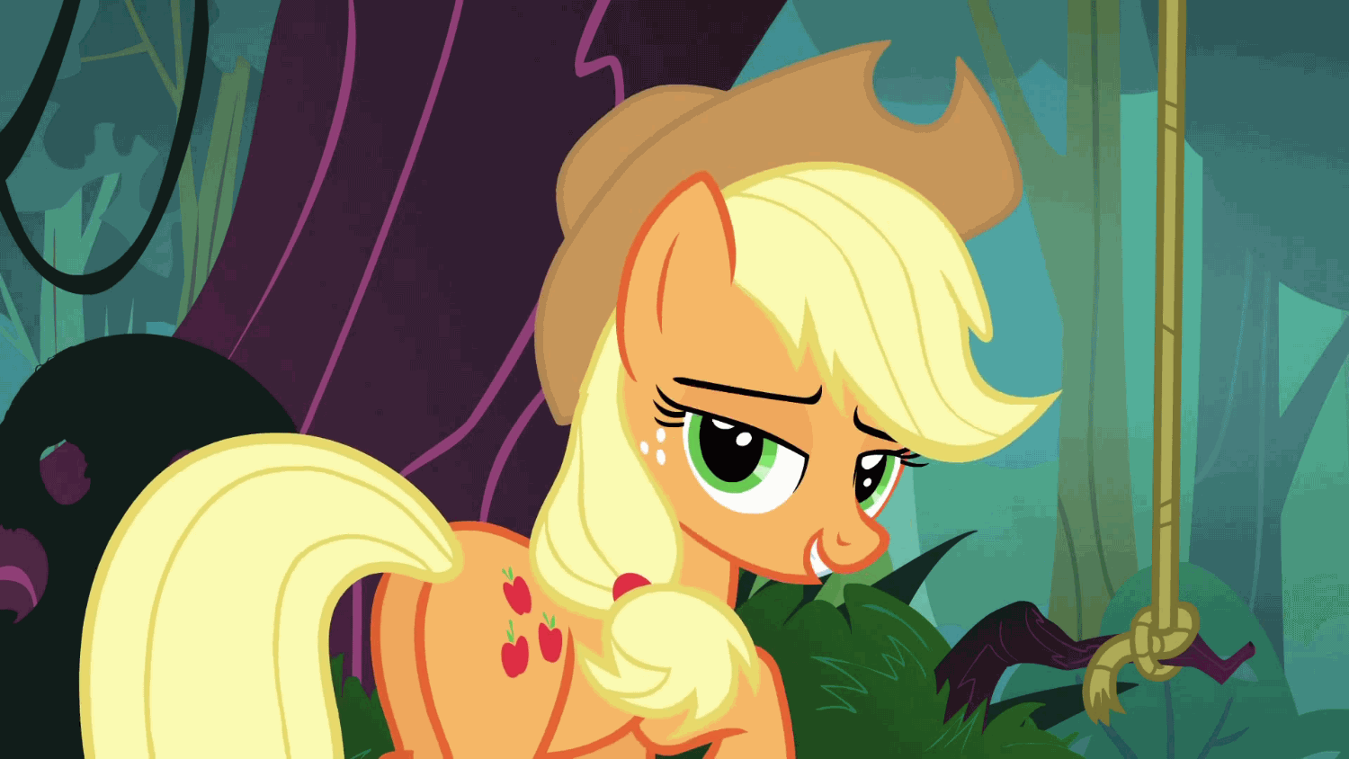 Size: 1500x844 | Tagged: safe, artist:dtkraus, edit, edited screencap, screencap, character:applejack, species:earth pony, species:pony, episode:spike at your service, g4, my little pony: friendship is magic, animated, bedroom eyes, clothing, eyebrow wiggle, eyebrows, female, freckles, hat, looking at you, mare, out of context, plot, smiling, solo, stupid sexy applejack