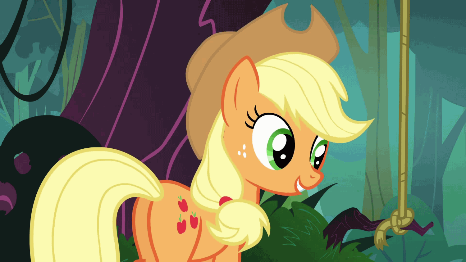 Size: 1500x844 | Tagged: safe, artist:dtkraus, edit, screencap, character:applejack, animated, bronybait, female, looking at you, out of context, plot, solo, stupid sexy applejack, wink