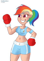 Size: 3480x4768 | Tagged: safe, artist:scobionicle99, character:rainbow dash, species:human, belly button, boxer, boxing, clothing, cutie mark, female, humanized, light skin, midriff, solo, sports bra