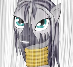 Size: 412x376 | Tagged: safe, artist:madhotaru, character:zecora, species:pony, species:zebra, bust, female, grin, jewelry, looking at you, mare, neck rings, portrait, rain, smiling, solo, wet mane