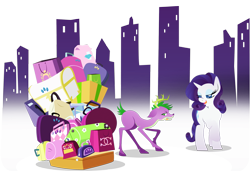 Size: 2377x1626 | Tagged: safe, artist:rariedash, character:rarity, character:spike, species:deer, species:pony, species:unicorn, episode:rarity takes manehattan, g4, my little pony: friendship is magic, bag, be a deer, cutie mark, deerified, female, floppy ears, frown, hooves, horn, horns, lidded eyes, lineless, luggage, male, mare, open mouth, pun, raised hoof, smiling, species swap, unamused, visual gag