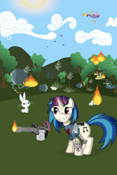 Size: 1000x1500 | Tagged: safe, artist:whitepone, character:angel bunny, character:dj pon-3, character:vinyl scratch, species:pony, species:rabbit, species:unicorn, bandage, blood, clothing, cloud, crocodile, cutie mark, far cry 3, female, fire, flamethrower, glowing horn, gun, hooves, horn, levitation, magic, mare, rock, smiling, snake, solo, sunglasses, tattoo, teeth, telekinesis, tree, vector, weapon