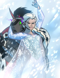 Size: 788x1024 | Tagged: safe, artist:bgn, character:king sombra, species:anthro, blizzard, cape, clothed female nude male, clothing, confused, crossover, crossover shipping, elsa, elsombra, female, frozen (movie), grin, male, snow, snowfall, straight
