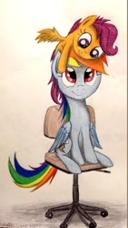 Size: 1080x1920 | Tagged: safe, artist:thefriendlyelephant, character:rainbow dash, character:scootaloo, species:pegasus, species:pony, chair, cute, cutealoo, office chair, pony hat, scootahat, traditional art