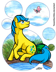 Size: 553x720 | Tagged: safe, artist:texasuberalles, character:bubbles (g1), species:earth pony, species:pony, g1, bow, butterfly, female, looking back, mare, sitting, smiling, solo, tail bow