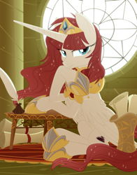 Size: 2500x3188 | Tagged: safe, artist:equestria-prevails, oc, oc only, oc:fausticorn, species:alicorn, species:pony, beautiful, lauren faust, quill, regalia, scroll, solo