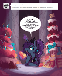 Size: 709x869 | Tagged: safe, artist:herny, character:princess luna, luna-afterdark, ask, cake, eating, food, magic, sweets, tumblr