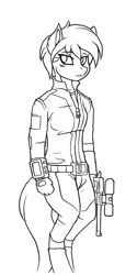 Size: 600x1200 | Tagged: safe, artist:whitepone, oc, oc only, oc:littlepip, species:anthro, fallout equestria, anthro oc, black and white, clothing, fanfic, fanfic art, female, grayscale, gun, handgun, hooves, little macintosh, monochrome, optical sight, pipbuck, revolver, simple background, solo, vault suit, weapon, white background