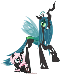 Size: 578x681 | Tagged: safe, artist:ipandacakes, character:queen chrysalis, oc, oc:pomf puff, parent:oc:fluffle puff, parent:queen chrysalis, parents:canon x oc, parents:chrysipuff, species:changeling, changeling oc, grin, hybrid, interspecies offspring, looking at you, looking up, magical lesbian spawn, mommy chrissy, mother and child, offspring, open mouth, pink changeling, raised hoof, simple background, smiling, smirk, standing, transparent background, vector