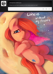 Size: 652x900 | Tagged: dead source, safe, artist:dhui, character:pinkie pie, female, lonely, looking at you, moon, on back, solo, tangible heavenly object, tired pie, tumblr