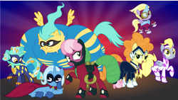 Size: 2502x1412 | Tagged: safe, artist:punzil504, character:carrot top, character:cheerilee, character:derpy hooves, character:dinky hooves, character:fili-second, character:golden harvest, character:humdrum, character:lyra heartstrings, character:masked matter-horn, character:mistress marevelous, character:radiance, character:saddle rager, character:sunshower raindrops, character:trixie, character:zapp, lunaverse, episode:power ponies, g4, my little pony: friendship is magic, clothing, costume, dinkycorn, luna six, race swap