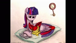 Size: 1920x1080 | Tagged: safe, artist:thefriendlyelephant, character:apple bloom, character:twilight sparkle, character:twilight sparkle (alicorn), species:alicorn, species:pony, applelove, book, clock, female, hug, mare, sleeping, traditional art, winghug