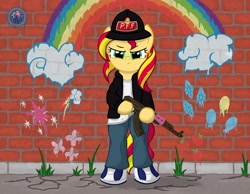 Size: 4500x3500 | Tagged: safe, artist:template93, character:sunset shimmer, species:pony, absurd resolution, ak-47, bipedal, clothing, commission, cutie mark, female, gun, hat, hoodie, pants, rifle, solo