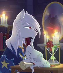 Size: 2500x2866 | Tagged: safe, artist:equestria-prevails, character:star swirl the bearded, species:earth pony, species:pony, book, candle, clothing, hourglass, male, mirror, robe, scroll, solo, stupid sexy star swirl, wizard