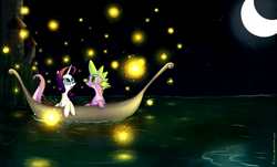 Size: 3590x2168 | Tagged: safe, artist:rinikka, character:rarity, character:spike, ship:sparity, boat, female, firefly, male, moon, moonlight, night, shipping, straight