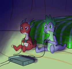 Size: 1655x1591 | Tagged: safe, artist:fuzebox, character:spike, oc, species:dragon, baby dragon, bed, controller, male, shadow, sitting, video game