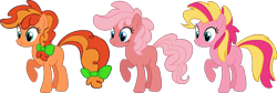 Size: 2126x711 | Tagged: safe, artist:colossalstinker, oc, oc only, parent:applejack, parent:pinkie pie, parents:applepie, species:earth pony, species:pony, adoptable, bow, magical lesbian spawn, offspring