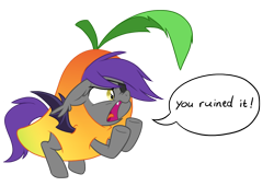 Size: 1296x880 | Tagged: safe, artist:equestria-prevails, oc, oc only, species:bat pony, species:pony, angry, bat pony oc, clothing, costume, cute little fangs, dialogue, ear tufts, fangs, female, floppy ears, food costume, frown, glare, mango, mare, nose wrinkle, open mouth, reaction image, simple background, solo, speech bubble, spread wings, transparent background, underhoof, wings, yelling, you ruined it