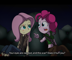 Size: 1024x850 | Tagged: safe, artist:fj-c, character:fluttershy, character:pinkie pie, my little pony:equestria girls, belly button, breasts, delicious flat chest, engrish, fake screencap, fantasy, fantasy equestria, flattershy, midriff