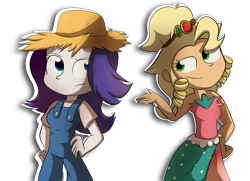 Size: 6896x5000 | Tagged: safe, artist:fj-c, character:applejack, character:rarity, episode:simple ways, g4, my little pony: friendship is magic, my little pony:equestria girls, absurd resolution, applejewel, bare shoulders, overalls, rarihick, sleeveless, strapless