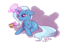 Size: 800x576 | Tagged: safe, artist:probablyfakeblonde, character:trixie, species:pony, species:unicorn, coffee, female, mare, smiling, solo